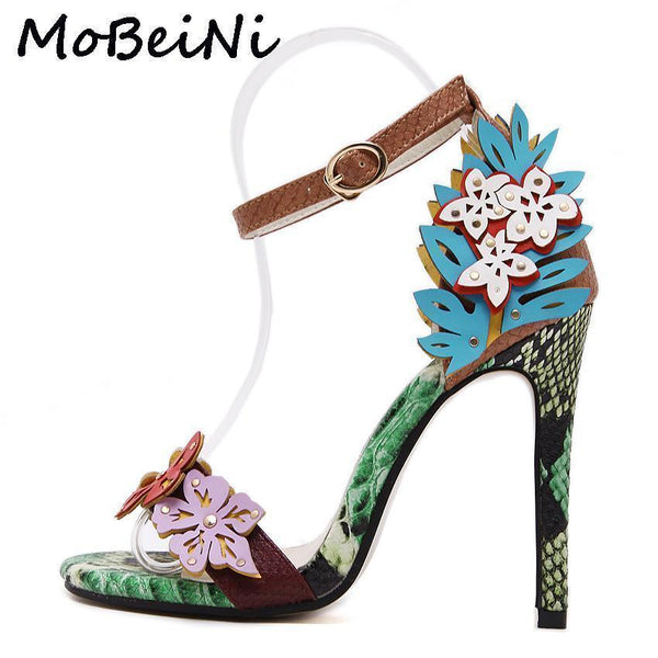 MoBeiNi Women Pumps High Heels Sandals Appliques snake texture Ankle Strap Shoes party Woman 2017 New Summer Gladiator Sandals-multi color-4.5-JadeMoghul Inc.