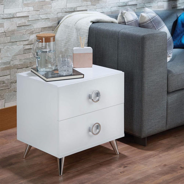 Modern Style Wood & Metal Nightstand By Elms, White & Chrome-Nightstands and Bedside Tables-White & Chrome-PB MDF-JadeMoghul Inc.