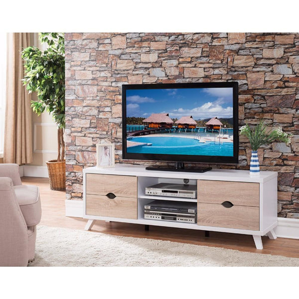 Modern TV Stand With Cutout Drawer Storage, White and Brown-Entertainment Centers and Tv Stands-White and Brown-Wood-JadeMoghul Inc.