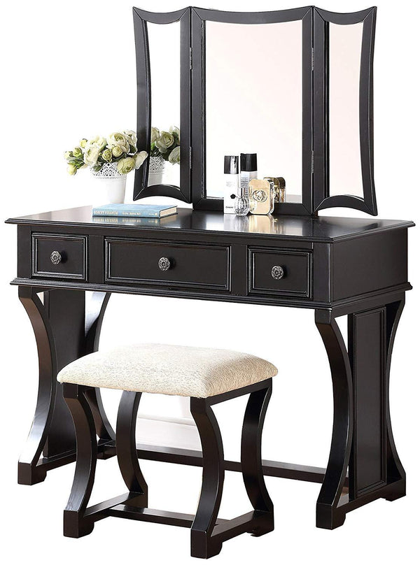 Modish Vanity Set Featuring Stool And Mirror Black-Bedroom Furniture Sets-Black-Pine Wood Particle Board MDF with Poplar Veneer-JadeMoghul Inc.