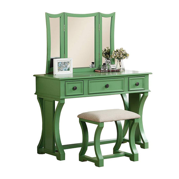 Modish Vanity Set Featuring Stool And Mirror Green-Bedroom Furniture Sets-Green-Pine Wood Particle Board MDF with Poplar Veneer-JadeMoghul Inc.