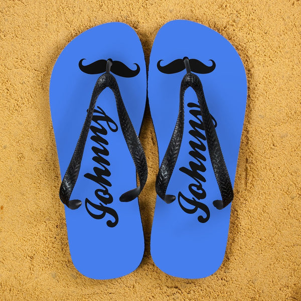 Moustache Style Personalised Flip Flops in Royal Blue
