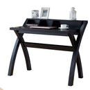 Multifunctional Wooden Desk with Electric Outlet and Trestle Base, Black-Desks-Black-Wood-JadeMoghul Inc.