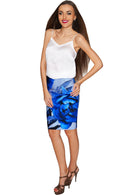 Mystery Carol Blue Flower Sassy Stretch Pencil Skirt - Women-Mystery-XS-Blue/Grey-JadeMoghul Inc.