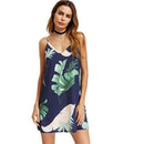 Navy Palm Leaf Print V Neck Cami Dress-Blue-XS-JadeMoghul Inc.