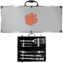 NCAA - Clemson Tigers 8 pc Stainless Steel BBQ Set w/Metal Case-Tailgating & BBQ Accessories,BBQ Tools,8 pc Steel Tool Set w/Metal Case,College 8 pc Steel Tool Set w/Metal Case-JadeMoghul Inc.