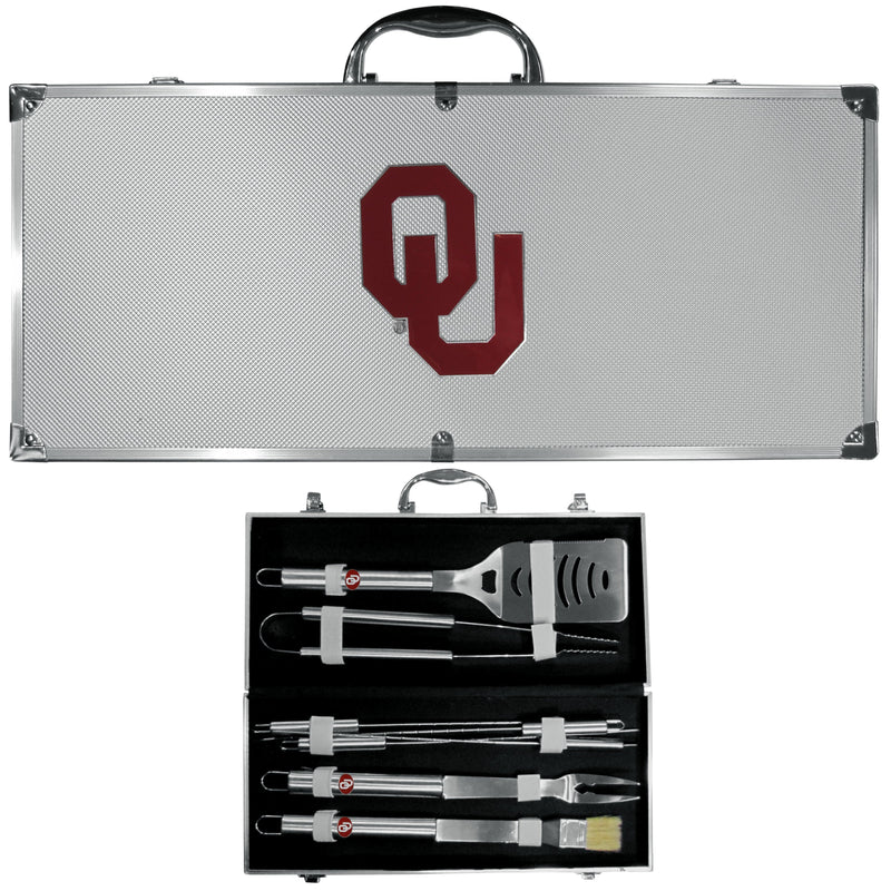 NCAA - Oklahoma Sooners 8 pc Stainless Steel BBQ Set w/Metal Case-Tailgating & BBQ Accessories,BBQ Tools,8 pc Steel Tool Set w/Metal Case,College 8 pc Steel Tool Set w/Metal Case-JadeMoghul Inc.