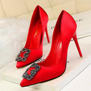 New Fashion Crystal Metal Square Buckle Women Pumps Soft Silk High Heels Shoes Sexy Pointed Toe Shallow Women's Party Shoes-Red-4.5-JadeMoghul Inc.