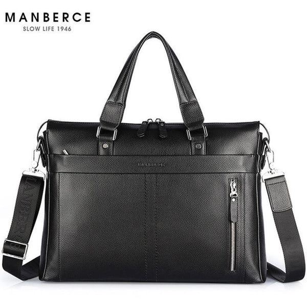 New Fashion Genuine Leather Famous Brand men briefcase, 15.6 inch commercial laptop briefcase, cross-body shoulder bag-Black-JadeMoghul Inc.
