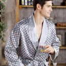 New Real Men Luxury Bathrobe Geometric Robes V-neck Imitation Silk Knitted Sleepwear Full Sleeve Nightwear