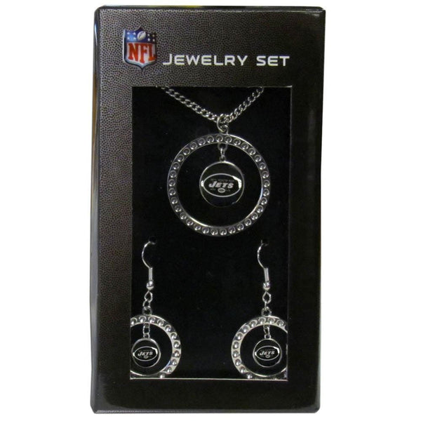 NFL - New York Jets Rhinestone Hoop Jewelry Set-Jewelry & Accessories,Jewelry Sets,Rhinestone Earrings and Necklaces,NFL Rhinestone Earrings and Necklaces-JadeMoghul Inc.