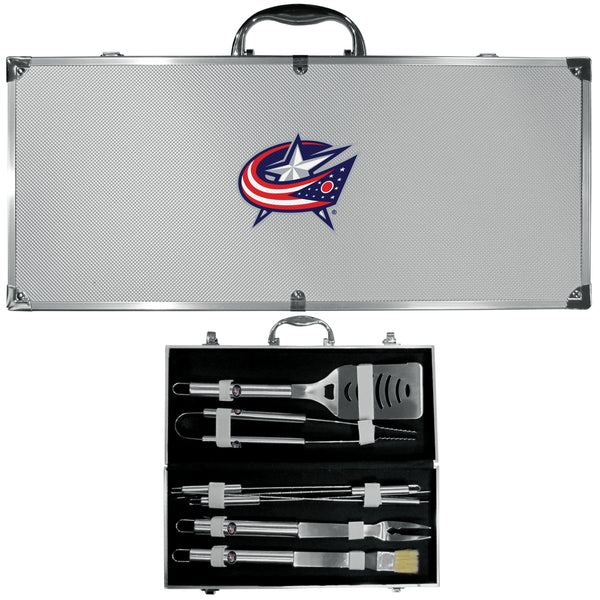NHL - Columbus Blue Jackets 8 pc Stainless Steel BBQ Set w/Metal Case-Tailgating & BBQ Accessories,NHL Tailgating & BBQ Accessories,NHL BBQ Tools,8 pc Steel BBQ Tool Set w/Case-JadeMoghul Inc.