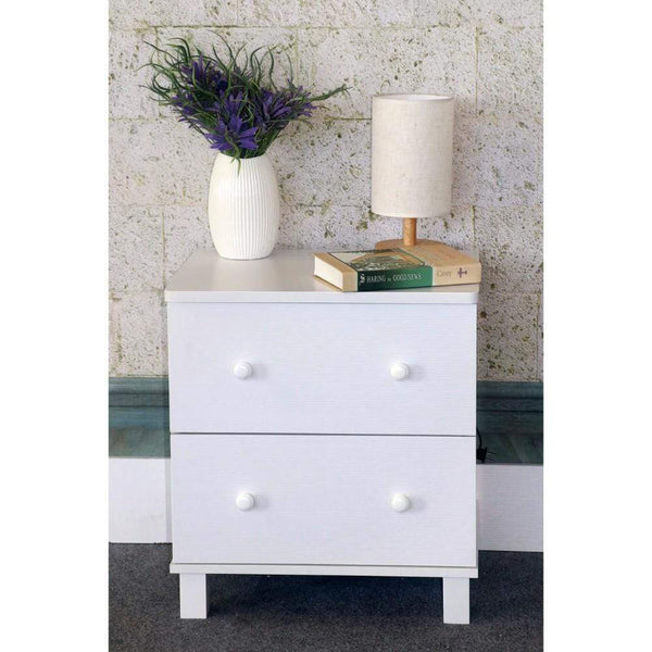 Urbane White Finish Nightstand With 2 Drawers On Metal Glides.