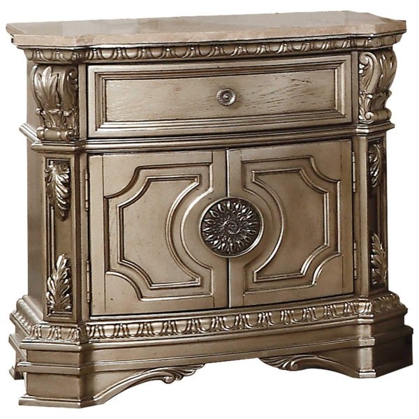 Nightstands Wood Nightstand - 18" X 30" X 29" Antique Champagne Wood Poly Resin Nightstand w/Marble Top HomeRoots