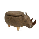Ottoman Rhinoceros Shape Wooden Storage Ottoman with Textured Fabric Upholstery, Brown Benzara