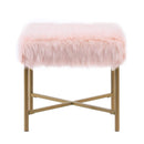 Ottoman Square Faux Fur Upholstered Ottoman with Tubular Metal Legs and X Shape Base, Pink and Gold Benzara