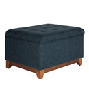 Textured Fabric Upholstered Wooden Ottoman With Button Tufted Top, Blue and Brown