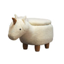Unicorn Shape Wooden Storage Ottoman with Fabric Upholstery, Cream and Brown