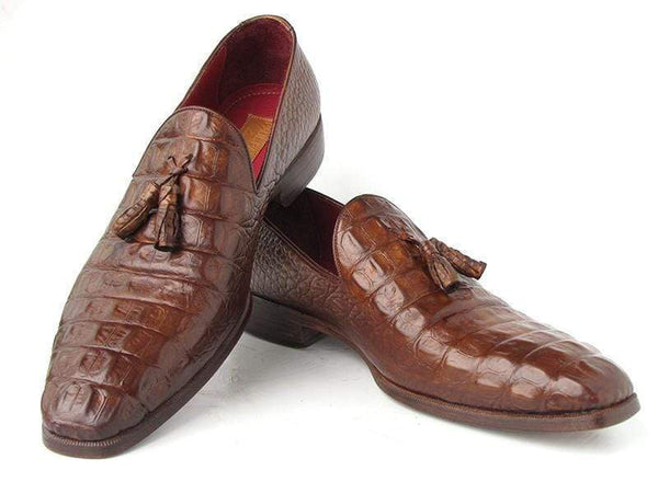 Paul Parkman (FREE Shipping) Men's Brown Crocodile Embossed Calfskin Tassel Loafers (ID#PP2281-BRW) PAUL PARKMAN
