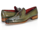 Paul Parkman (FREE Shipping) Men's Green Crocodile Embossed Calfskin Tassel Loafers (ID