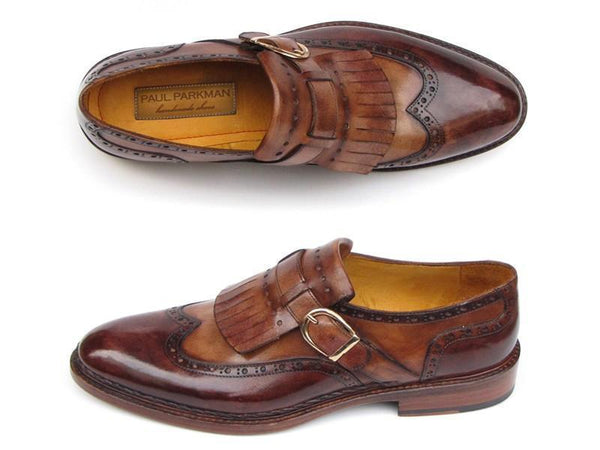 Paul Parkman (FREE Shipping) Men's Wingtip Monkstrap Brogues Brown Hand-Painted Leather Upper With Double Leather Sole (ID#060-BRW) PAUL PARKMAN