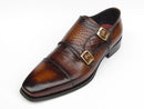 Paul Parkman (FREE Shipping) Men's Brown Crocodile Embossed Calfskin Double Monkstrap (ID