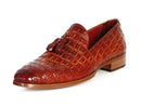 Paul Parkman (FREE Shipping) Men's Reddish Camel Crocodile Embossed Calfskin Tassel Loafers (ID