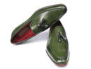 Paul Parkman (FREE Shipping) Men's Tassel Loafers Green Hand Painted Leather (ID