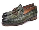 Paul Parkman (FREE Shipping) Woven Leather Tassel Loafers Green  (ID