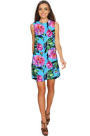 Peony Splash Adele Blue Pink Floral Mini Shift Dress - Women-Peony Splash-XS-Blue/Pink/Green-JadeMoghul Inc.