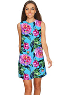 Peony Splash Adele Blue Pink Floral Mini Shift Dress - Women-Peony Splash-XS-Blue/Pink/Green-JadeMoghul Inc.