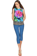 Peony Splash Peony Splash Emily Blue & Pink Floral Dressy Top - Women Emily Sleeveless Top