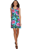 Peony Splash Sanibel Fit and Flare Blue Floral Dress - Women-Peony Splash-XS-Blue/Pink/Green-JadeMoghul Inc.