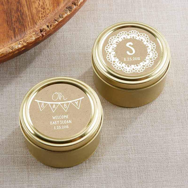 Personalized Gold Round Candy Tin - Rustic Charm Baby Shower (2 Sets of 12)-Bridal Shower Decorations-JadeMoghul Inc.