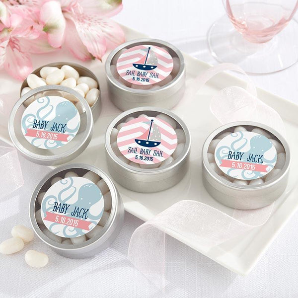 Personalized Silver Round Candy Tin - Nautical Baby Shower Collection (2 Sets of 12)-Bridal Shower Decorations-JadeMoghul Inc.