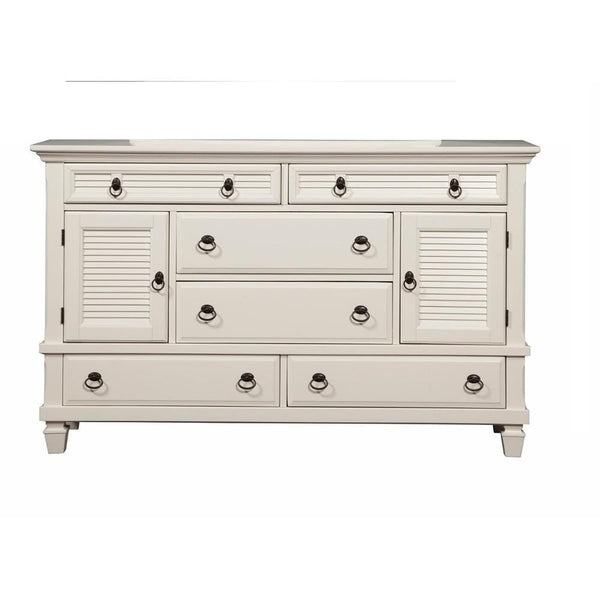 Pine Wood Dresser with 2 Cabinet & 6 Drawer in White-Dressers-White-Pine Solids-JadeMoghul Inc.