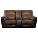 Polyester and Faux Leather Upholstered Metal Reclining Loveseat with Console , Brown