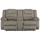 Polyester Upholstered Metal Reclining Loveseat with Lift Top Console Storage, Gray