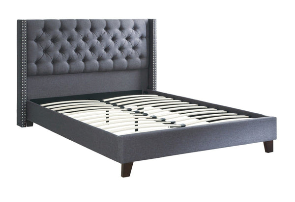 Polyfiber Upholstered Queen Size Bed Featuring Nail head Trim Blue Gray-Platform Beds-Blue Gray-Plywood solid pine Plywood wood legs-JadeMoghul Inc.