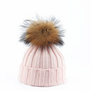 Big Fur Pom pom Beanie Hats Kids Girls Boys Warm Knitted Winter Hat Baby Real Raccoon Fur pompom Beanies Cap