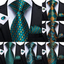 Men Teal Green Paisley / Striped Novelty Design Silk Tie