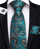 Men Teal Green Paisley / Striped Novelty Design Silk Tie