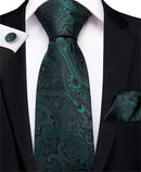 Men Teal Green Paisley / Striped Novelty Design Silk Tie