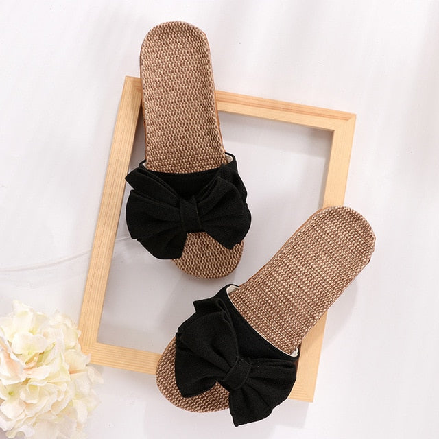 Glglgege Women Summer Casual Slides Comfortable Flax Slippers Striped Bow Linen Flip Flops Platform Sandals Ladies Indoor Shoes