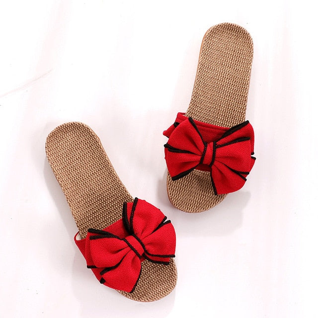 Glglgege Women Summer Casual Slides Comfortable Flax Slippers Striped Bow Linen Flip Flops Platform Sandals Ladies Indoor Shoes