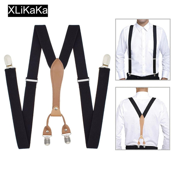 Men Black Suspenders Belt with Leather Polyester Elastic Clip-on Braces