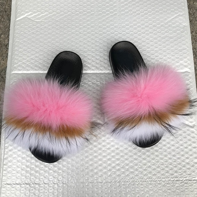 Real fox Fur Slippers Women Home Fluffy Sliders Comfort Furry Summer Flats Sweet Ladies Shoes Female Furry Indoor Flip Flops