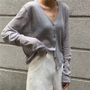 Cardigan Women Korean Long Sleeve Cardigan Summer Cropped Cardigan Knitted V neck Thin Ice Silk Sweaters Sunscreen Shirt Tops
