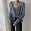 Cardigan Women Korean Long Sleeve Cardigan Summer Cropped Cardigan Knitted V neck Thin Ice Silk Sweaters Sunscreen Shirt Tops