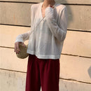 Cardigan Women Korean Long Sleeve Cardigan Summer Cropped Cardigan Knitted V neck Thin Ice Silk Sweaters Sunscreen Shirt Tops
